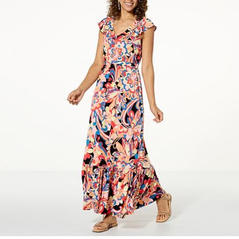 NWT IMAN Global Chic V Neck  Maxi Dress Pink Orange Multi Print Size MP
